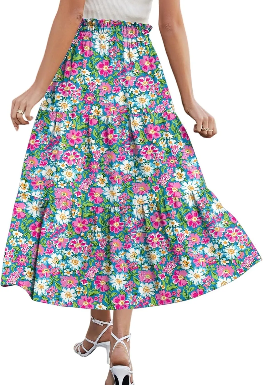Midi Boho Floral Skirts for Women Trendy Tiered A Line Skirt Drawstring High Elastic Waist Comfy Flowy Skorts with Pockets