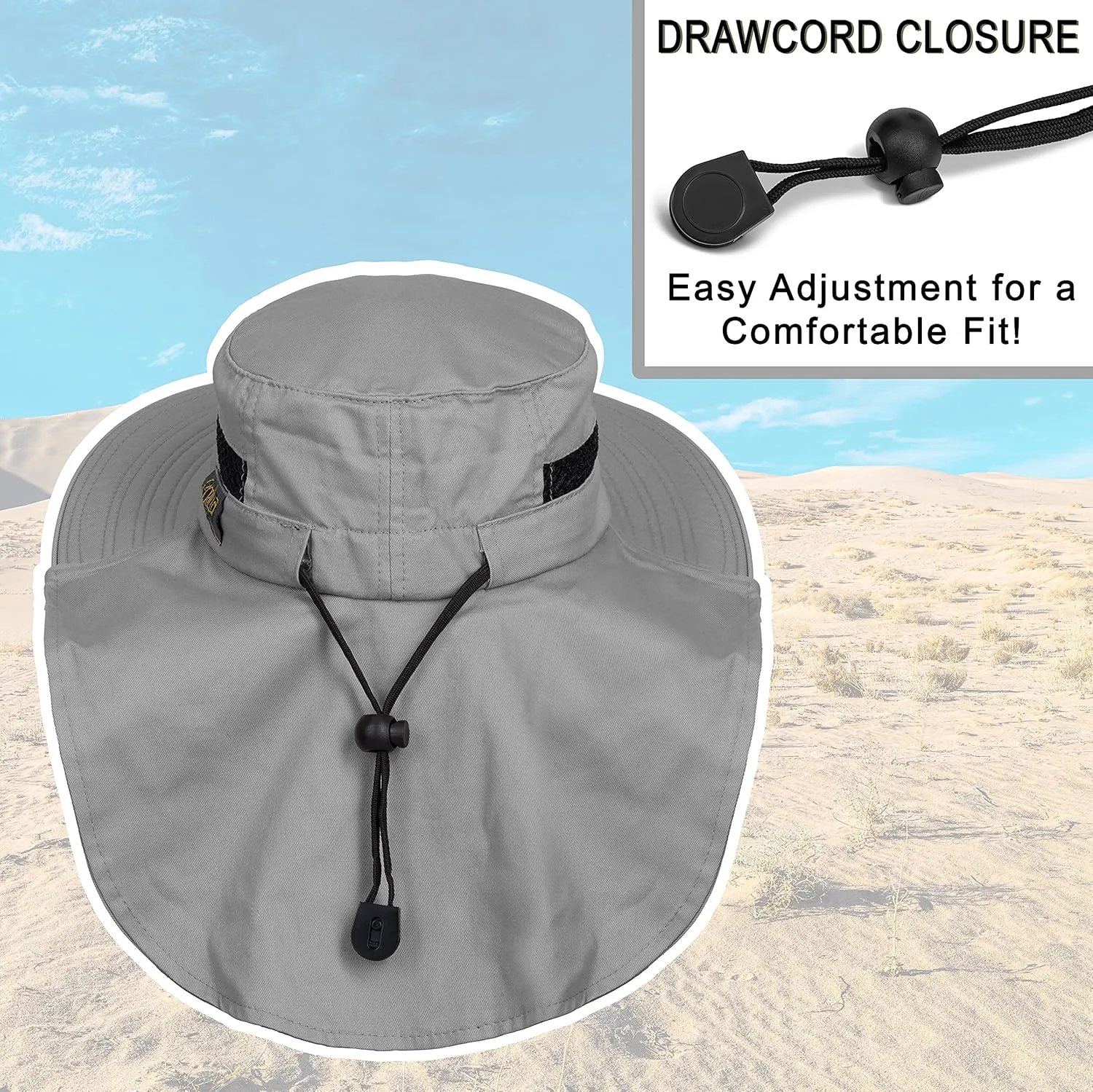 Outdoors Cotton Sun Hat, UPF 50  Wide Brim Fishing Hat with Neck Flap, Breathable, Boonie Hat Bucket Cap