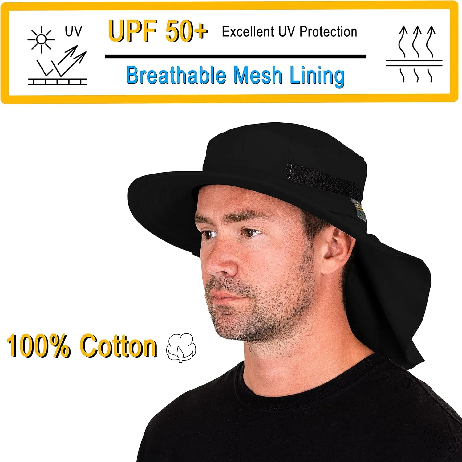 Outdoors Cotton Sun Hat, UPF 50  Wide Brim Fishing Hat with Neck Flap, Breathable, Boonie Hat Bucket Cap
