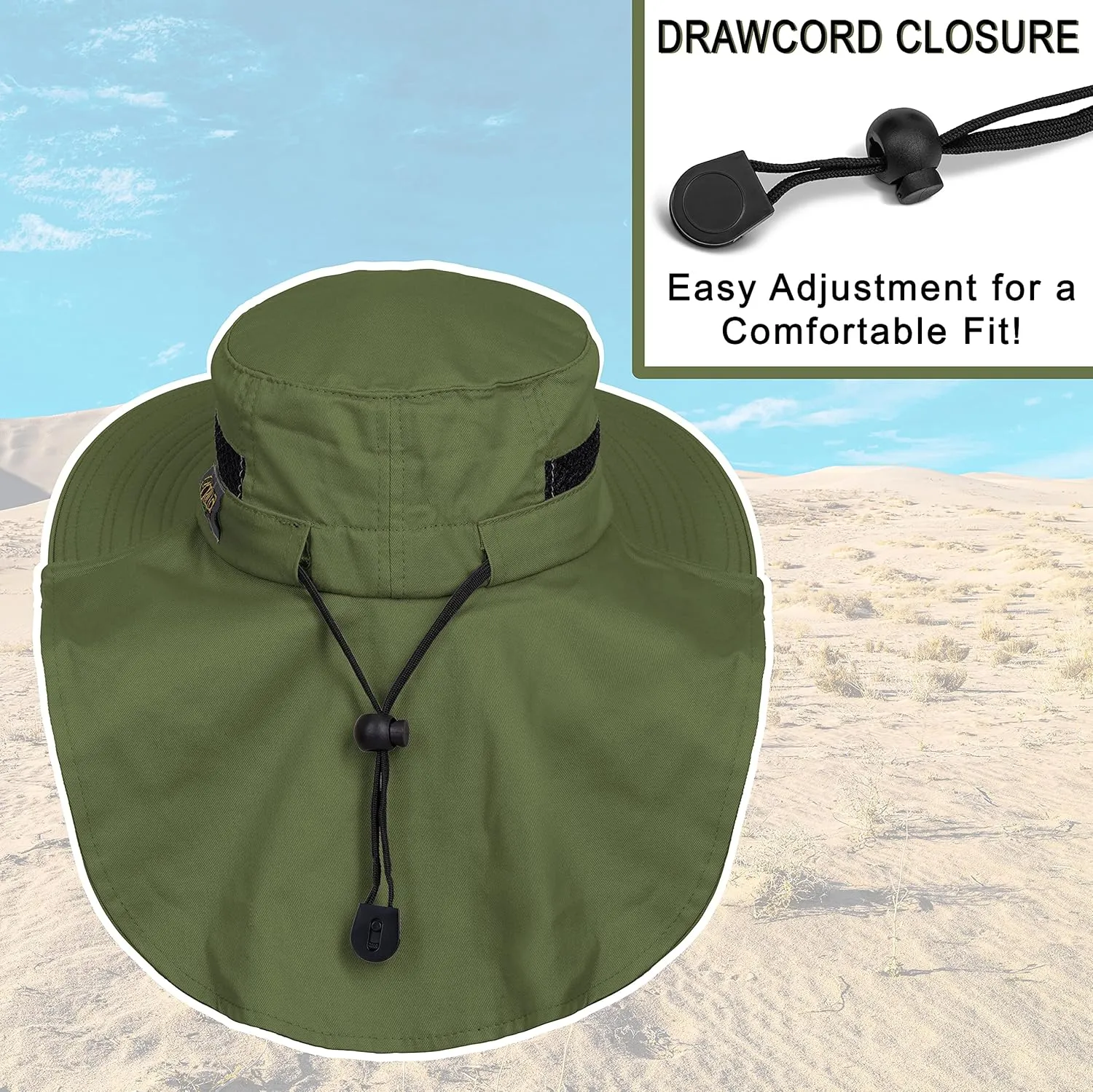Outdoors Cotton Sun Hat, UPF 50  Wide Brim Fishing Hat with Neck Flap, Breathable, Boonie Hat Bucket Cap