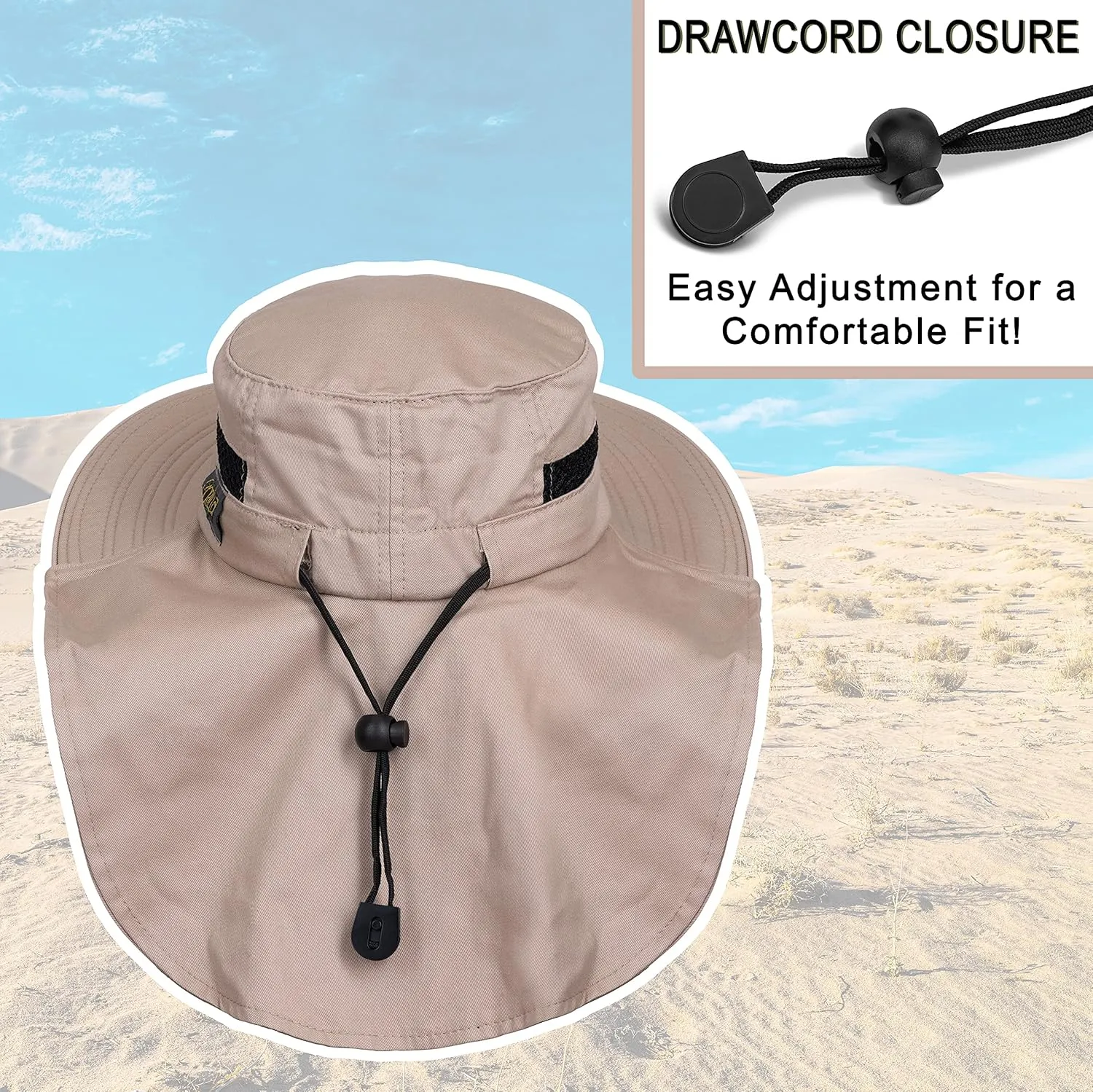 Outdoors Cotton Sun Hat, UPF 50  Wide Brim Fishing Hat with Neck Flap, Breathable, Boonie Hat Bucket Cap