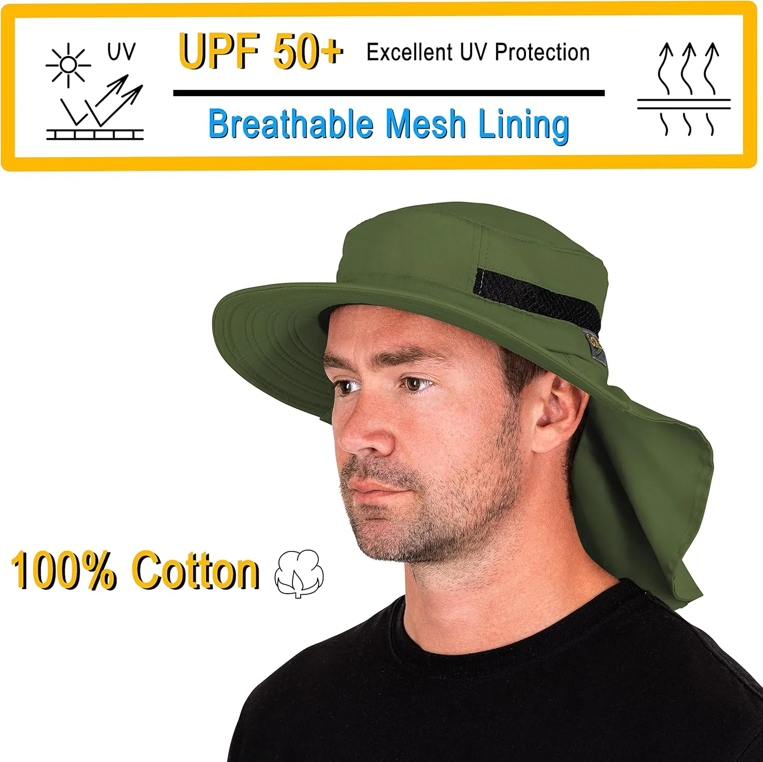 Outdoors Cotton Sun Hat, UPF 50  Wide Brim Fishing Hat with Neck Flap, Breathable, Boonie Hat Bucket Cap
