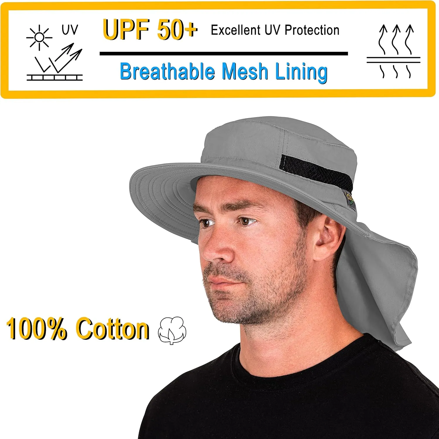 Outdoors Cotton Sun Hat, UPF 50  Wide Brim Fishing Hat with Neck Flap, Breathable, Boonie Hat Bucket Cap