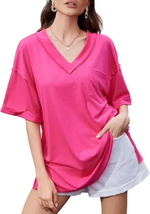 Oversized T Shirts for Women V Neck Half Sleeve V Neck Side Split Casual Summer Tops Lightweight Loose Tee Blouses