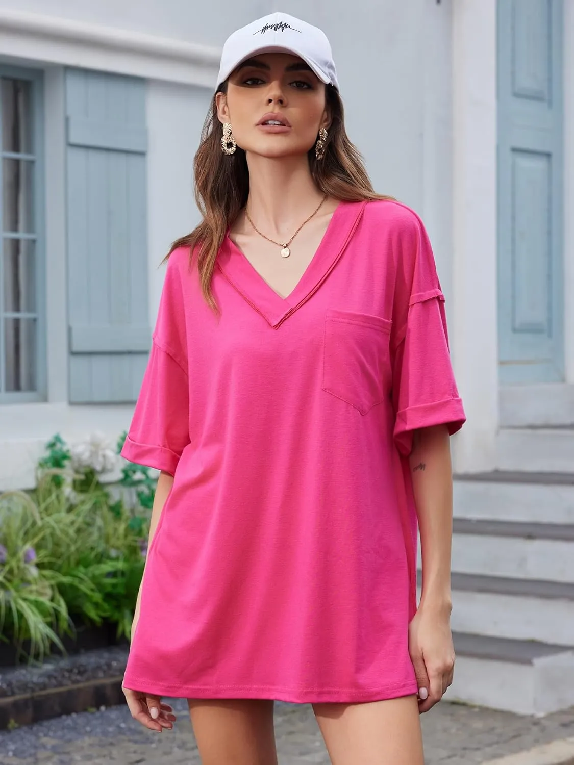 Oversized T Shirts for Women V Neck Half Sleeve V Neck Side Split Casual Summer Tops Lightweight Loose Tee Blouses
