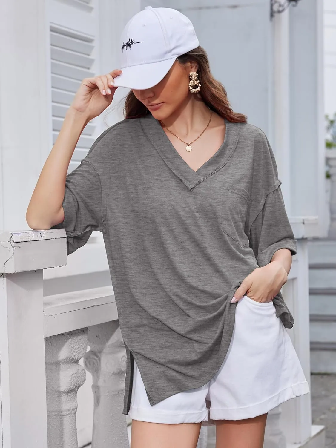 Oversized T Shirts for Women V Neck Half Sleeve V Neck Side Split Casual Summer Tops Lightweight Loose Tee Blouses