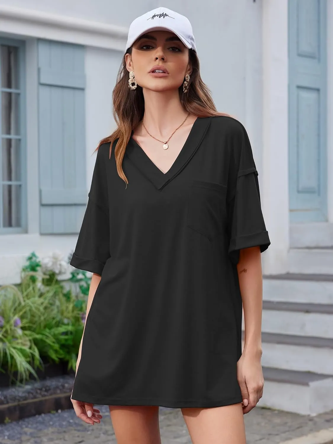 Oversized T Shirts for Women V Neck Half Sleeve V Neck Side Split Casual Summer Tops Lightweight Loose Tee Blouses