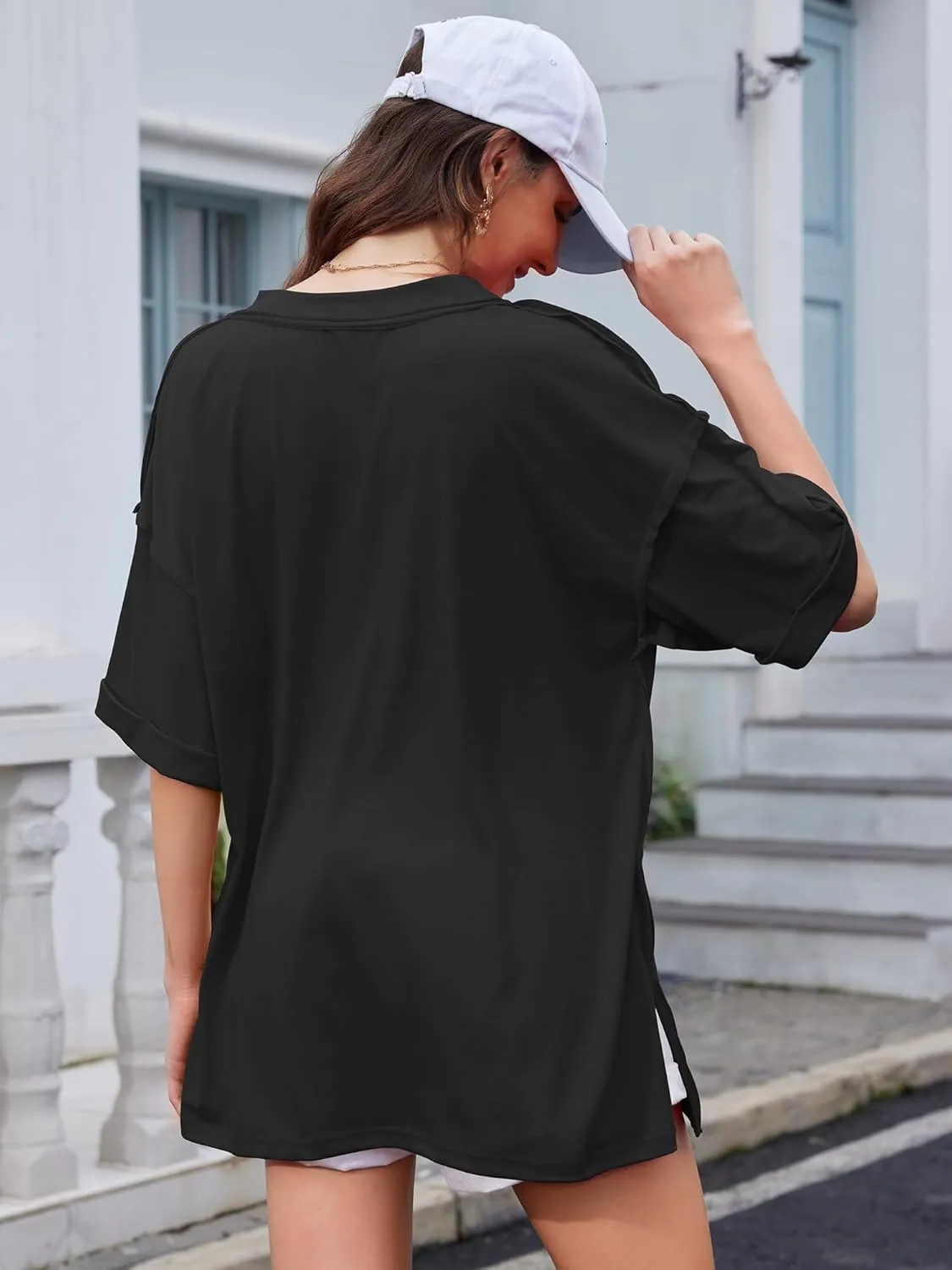 Oversized T Shirts for Women V Neck Half Sleeve V Neck Side Split Casual Summer Tops Lightweight Loose Tee Blouses
