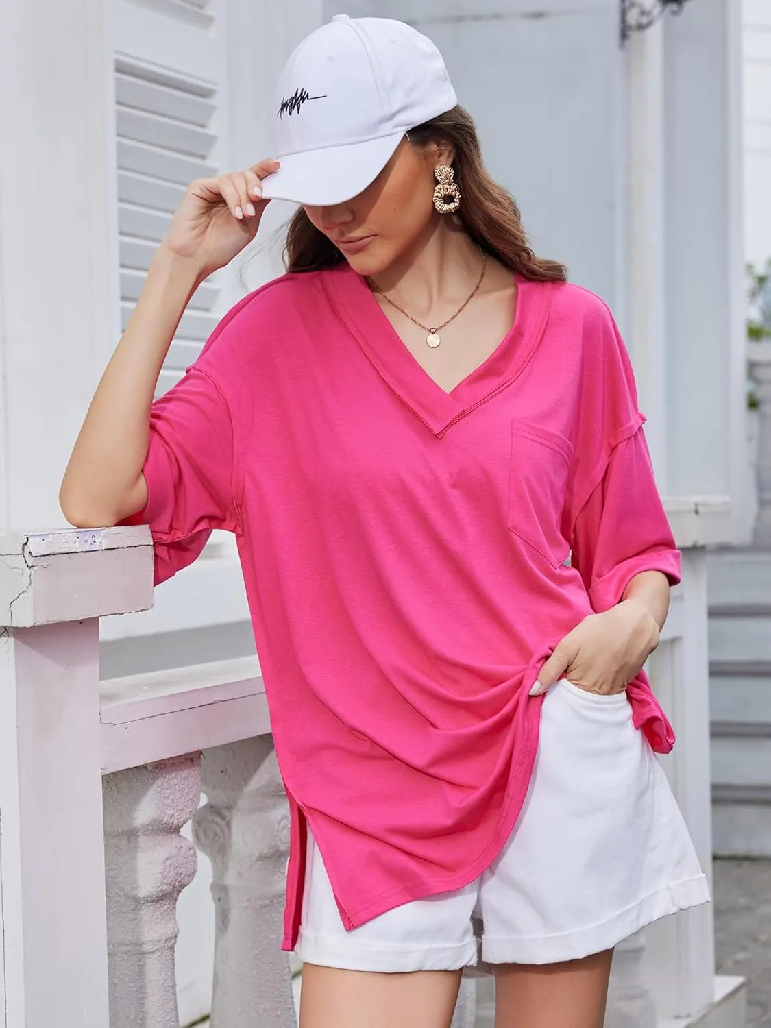 Oversized T Shirts for Women V Neck Half Sleeve V Neck Side Split Casual Summer Tops Lightweight Loose Tee Blouses