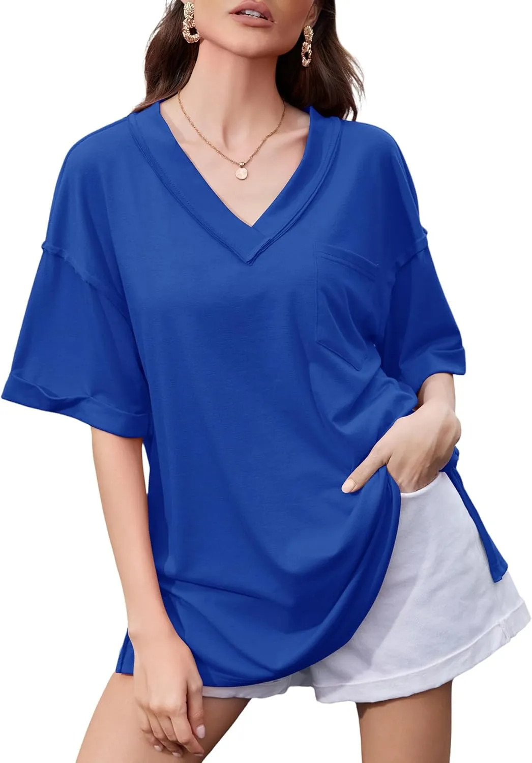 Oversized T Shirts for Women V Neck Half Sleeve V Neck Side Split Casual Summer Tops Lightweight Loose Tee Blouses