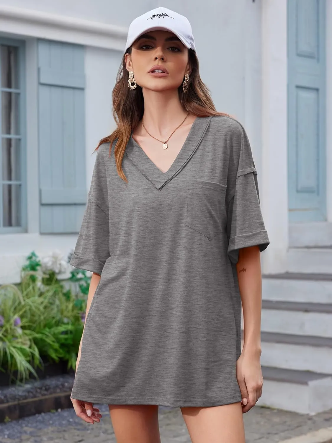 Oversized T Shirts for Women V Neck Half Sleeve V Neck Side Split Casual Summer Tops Lightweight Loose Tee Blouses