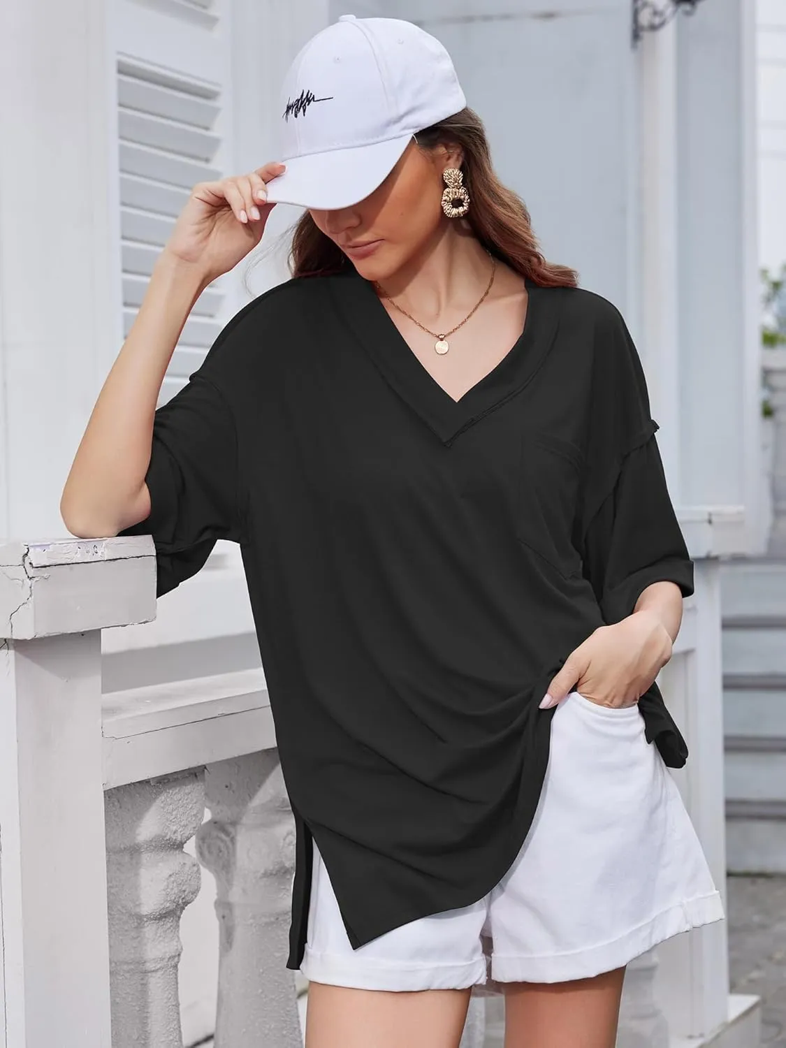 Oversized T Shirts for Women V Neck Half Sleeve V Neck Side Split Casual Summer Tops Lightweight Loose Tee Blouses