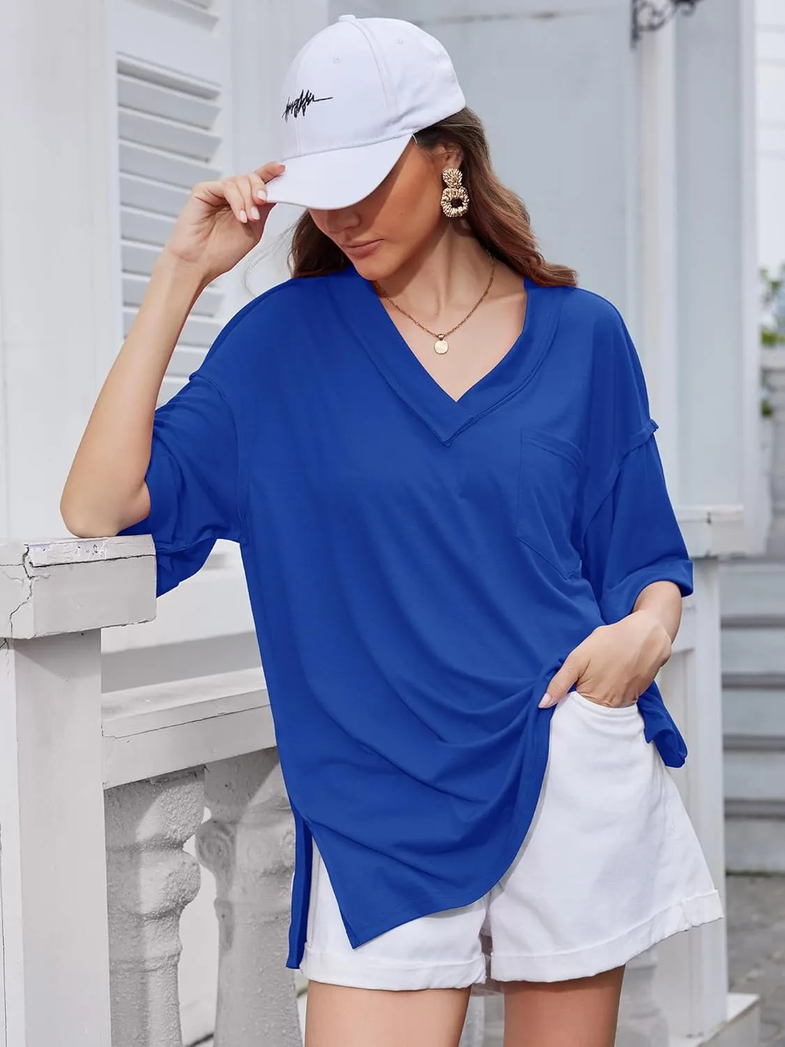 Oversized T Shirts for Women V Neck Half Sleeve V Neck Side Split Casual Summer Tops Lightweight Loose Tee Blouses