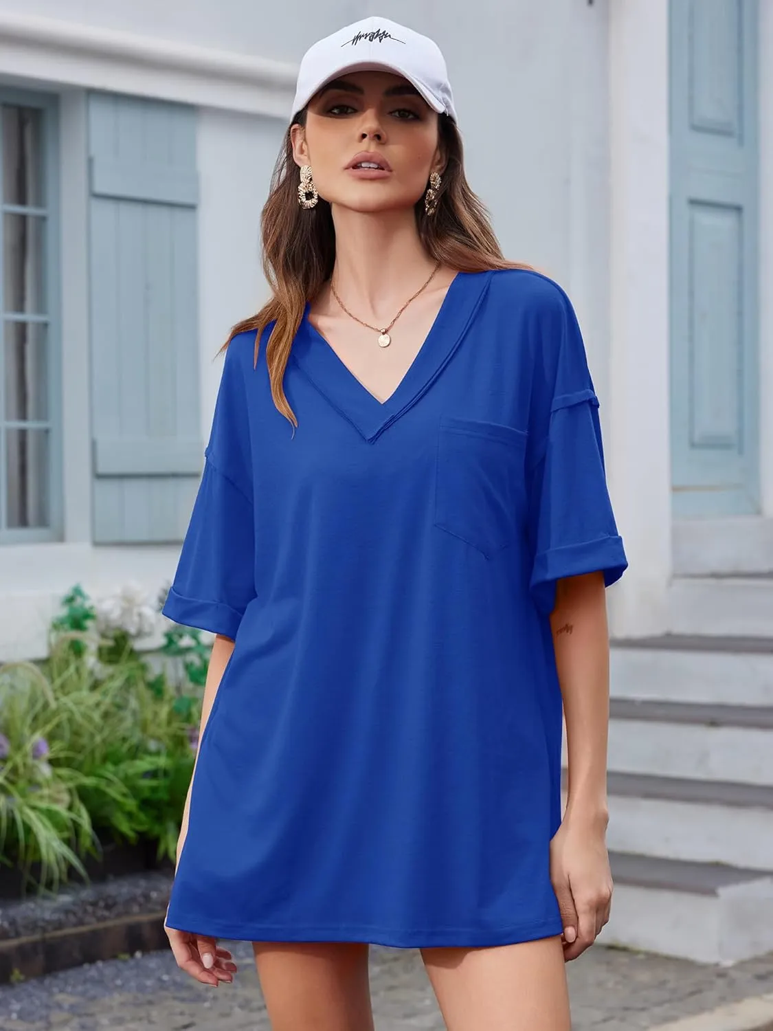 Oversized T Shirts for Women V Neck Half Sleeve V Neck Side Split Casual Summer Tops Lightweight Loose Tee Blouses