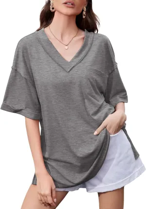Oversized T Shirts for Women V Neck Half Sleeve V Neck Side Split Casual Summer Tops Lightweight Loose Tee Blouses