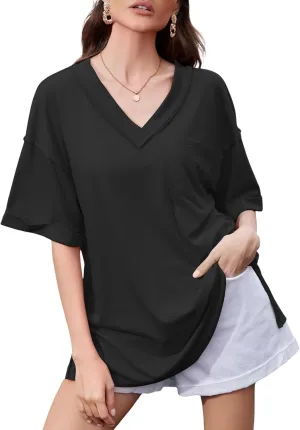 Oversized T Shirts for Women V Neck Half Sleeve V Neck Side Split Casual Summer Tops Lightweight Loose Tee Blouses