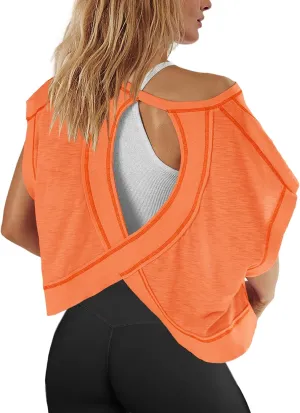 Panadila Womens Open Back Workout Top Oversized Workout T Shirts Backless Athletic Shirt Short Sleeve Baby Tee