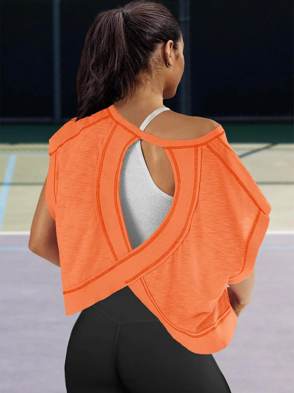 Panadila Womens Open Back Workout Top Oversized Workout T Shirts Backless Athletic Shirt Short Sleeve Baby Tee