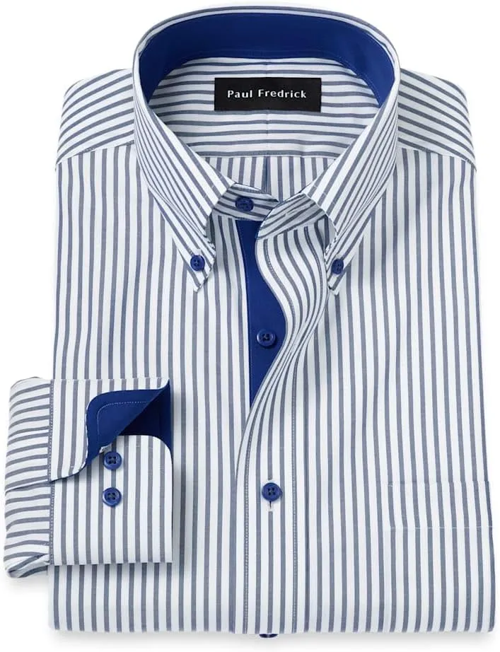 Paul Fredrick Men's Slim Fit Comfort Stretch Non-Iron Stripe Dress Shirt