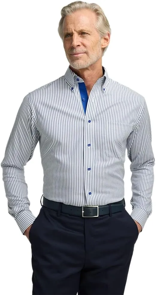 Paul Fredrick Men's Slim Fit Comfort Stretch Non-Iron Stripe Dress Shirt