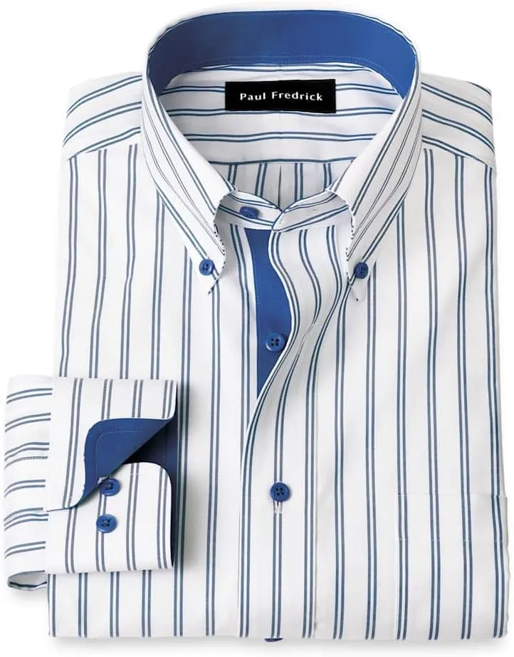 Paul Fredrick Men's Slim Fit Comfort Stretch Non-Iron Stripe Dress Shirt