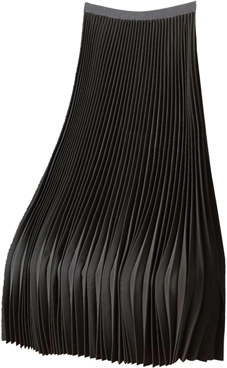 Pleated Maxi Skirts for Women Elegant High Waisted Solid Color Swing A-Line Stain Long Skirt