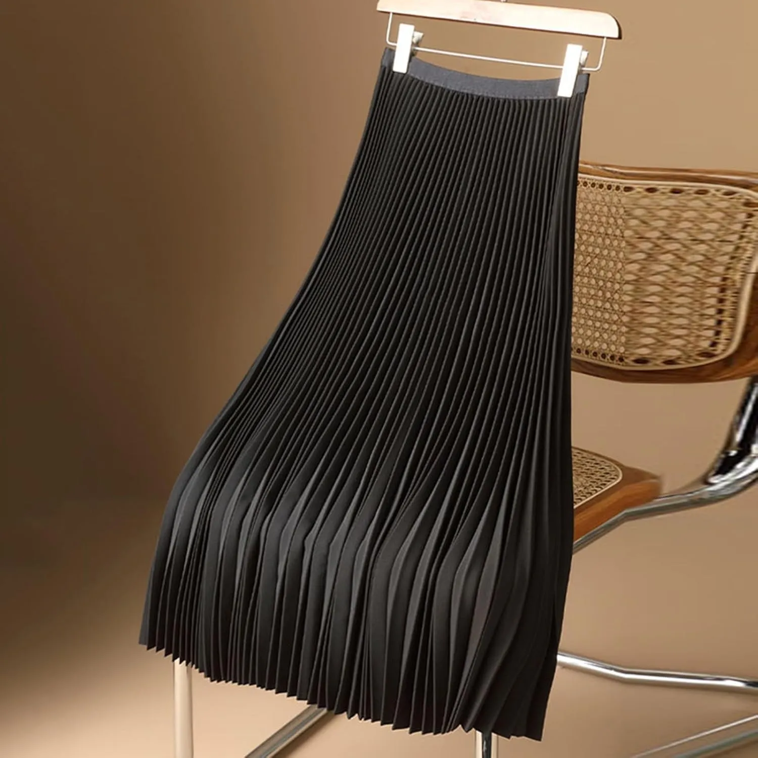 Pleated Maxi Skirts for Women Elegant High Waisted Solid Color Swing A-Line Stain Long Skirt
