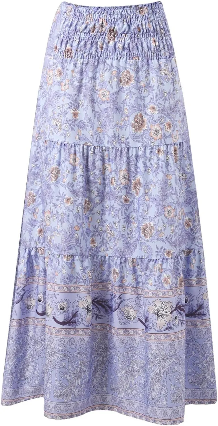 Plus Size Maxi Skirts for Women 2025 Summer Elastic High Waisted Swing A-Line Floral Printed Boho Long Skirt