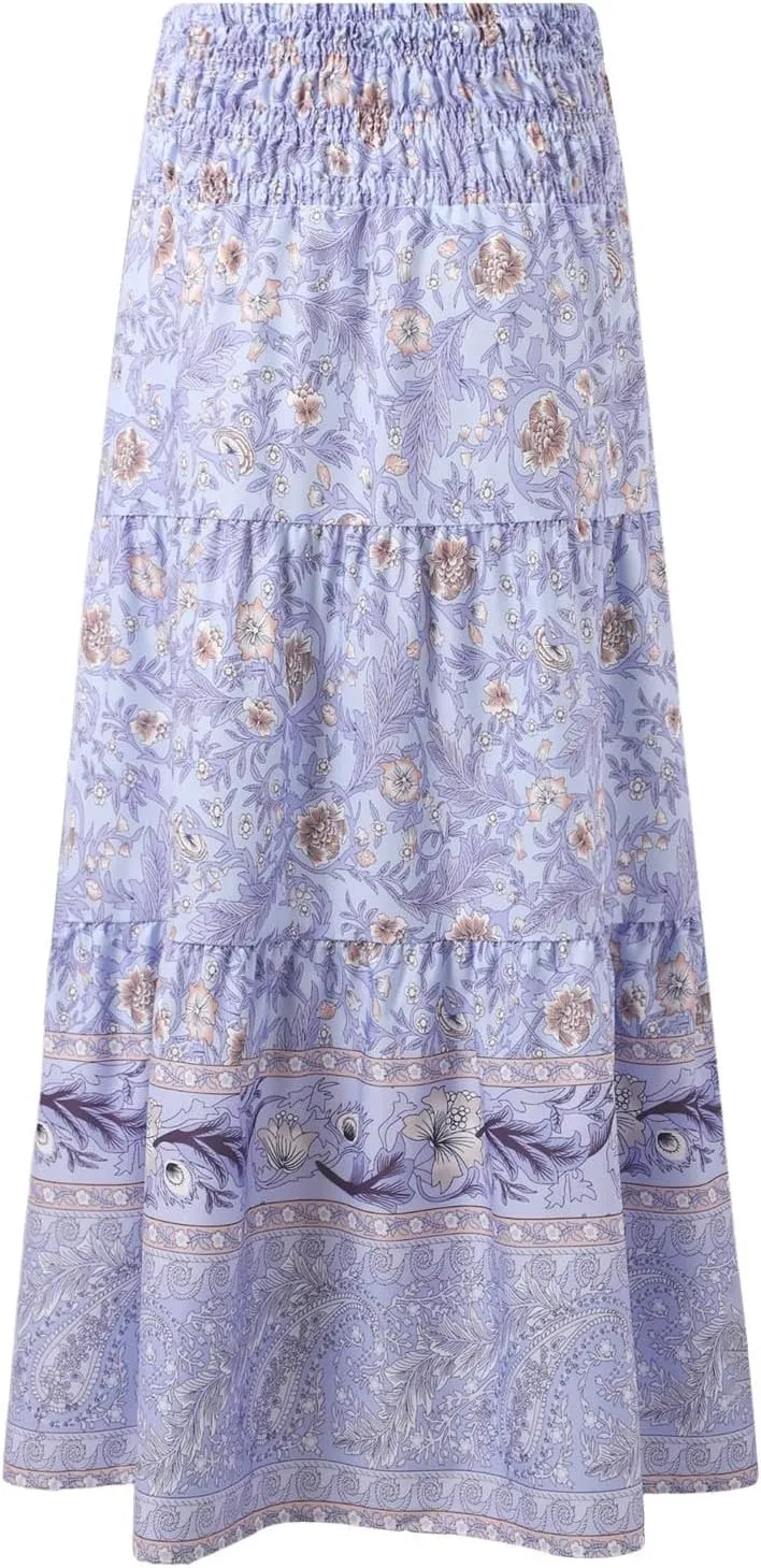 Plus Size Maxi Skirts for Women 2025 Summer Elastic High Waisted Swing A-Line Floral Printed Boho Long Skirt