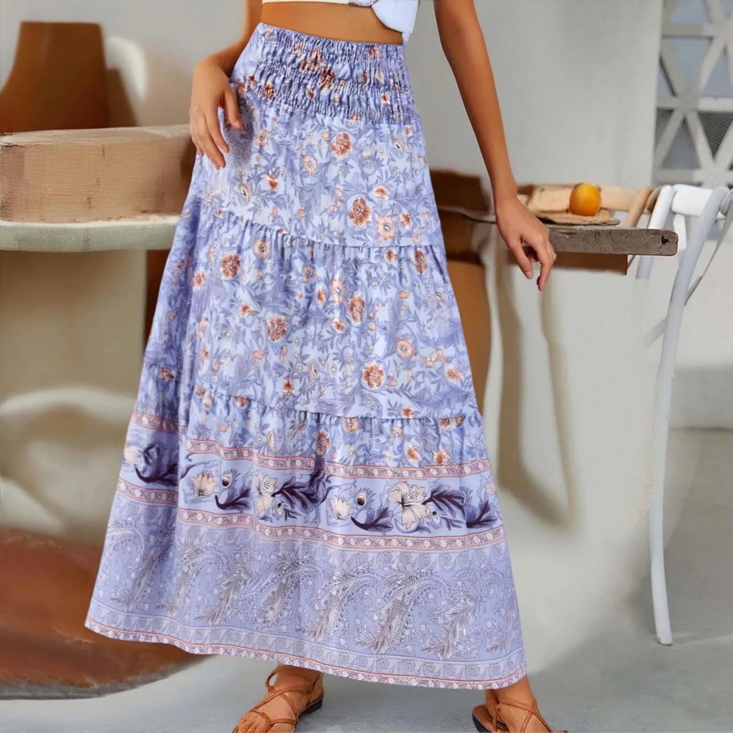 Plus Size Maxi Skirts for Women 2025 Summer Elastic High Waisted Swing A-Line Floral Printed Boho Long Skirt