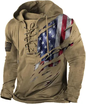 PORCLAY Men's American Flag Hoodie Outdoor Military Tactical Hooded Sweatshirt Graphic Printed Laceup Pullover Shirt
