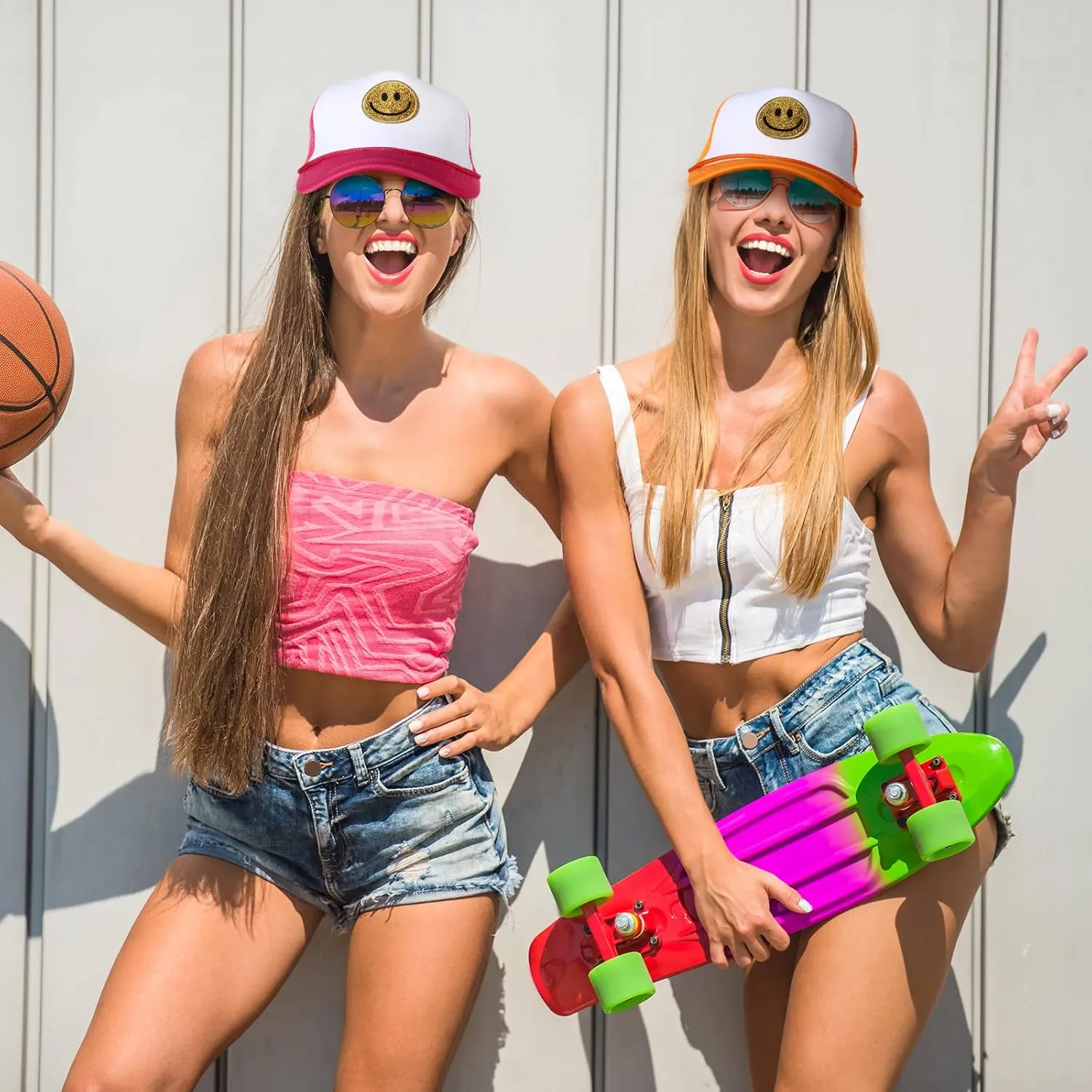 Preppy Sequins Printing Stylish Face Neon High Crown Foam Mesh Back Adjustable Trucker Hat