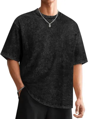 QIVICIMA Mens Washed Vintage Oversized T Shirt Short Sleeve Printed Drop Shoulder Tee Casual Baggy Cotton Tops