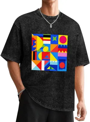 QIVICIMA Mens Washed Vintage Oversized T Shirt Short Sleeve Printed Drop Shoulder Tee Casual Baggy Cotton Tops