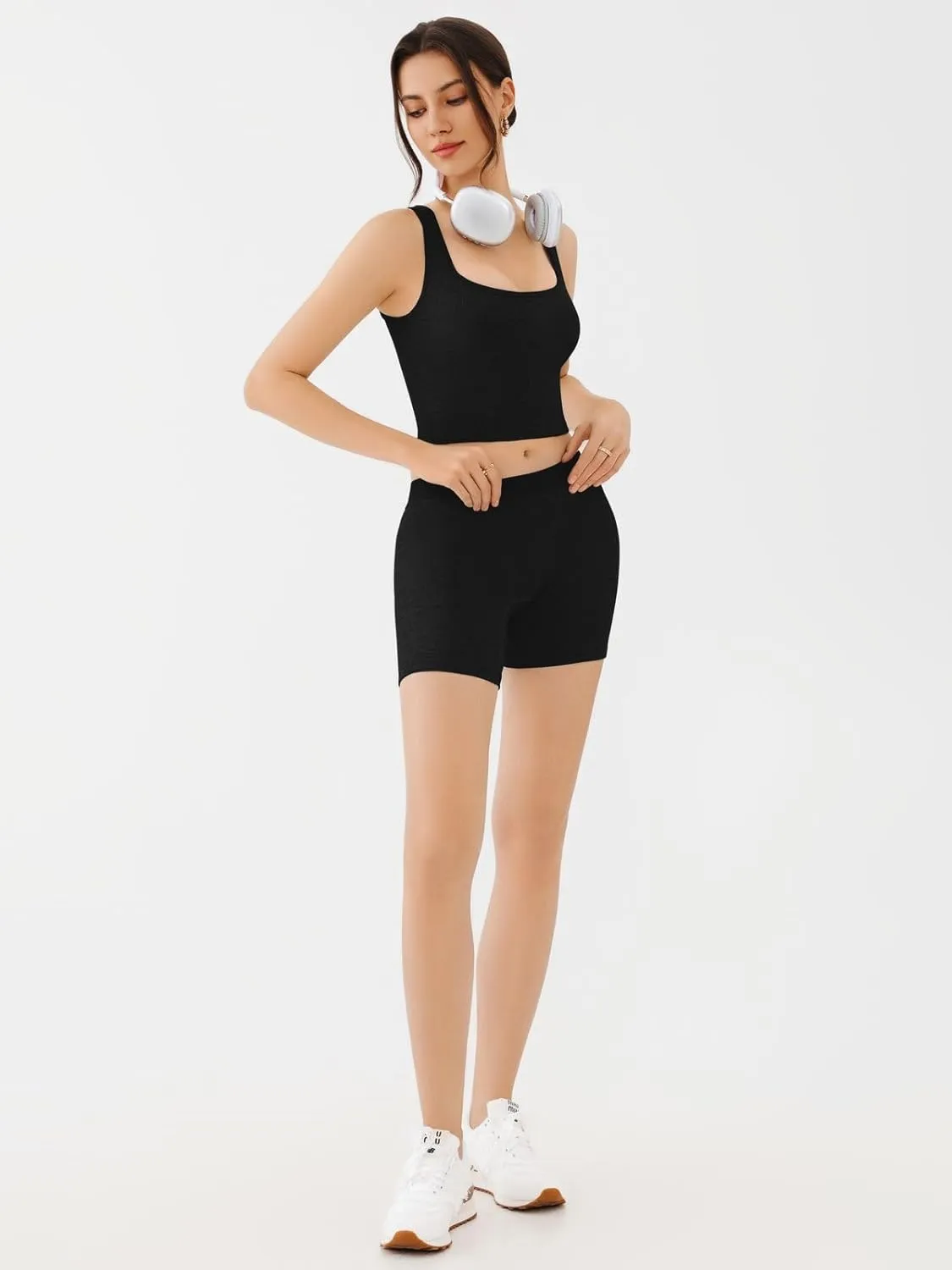 REORIA Matching Workout Sets for Women 2 Pieces Sleeveless Ribbed Crop Tank Mid Waist Shorts Lounge Yoga Outfits Active Wear