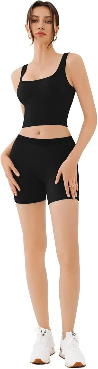 REORIA Matching Workout Sets for Women 2 Pieces Sleeveless Ribbed Crop Tank Mid Waist Shorts Lounge Yoga Outfits Active Wear