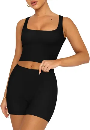 REORIA Matching Workout Sets for Women 2 Pieces Sleeveless Ribbed Crop Tank Mid Waist Shorts Lounge Yoga Outfits Active Wear