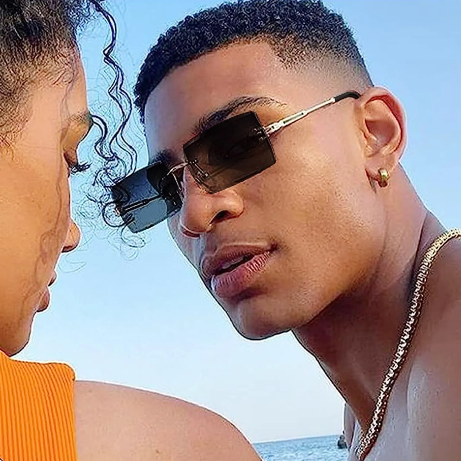 Rimless Rectangle Sunglasses Women Men Trendy Square Y2K Glasses Retro Frameless Eyewear Gradient Lens