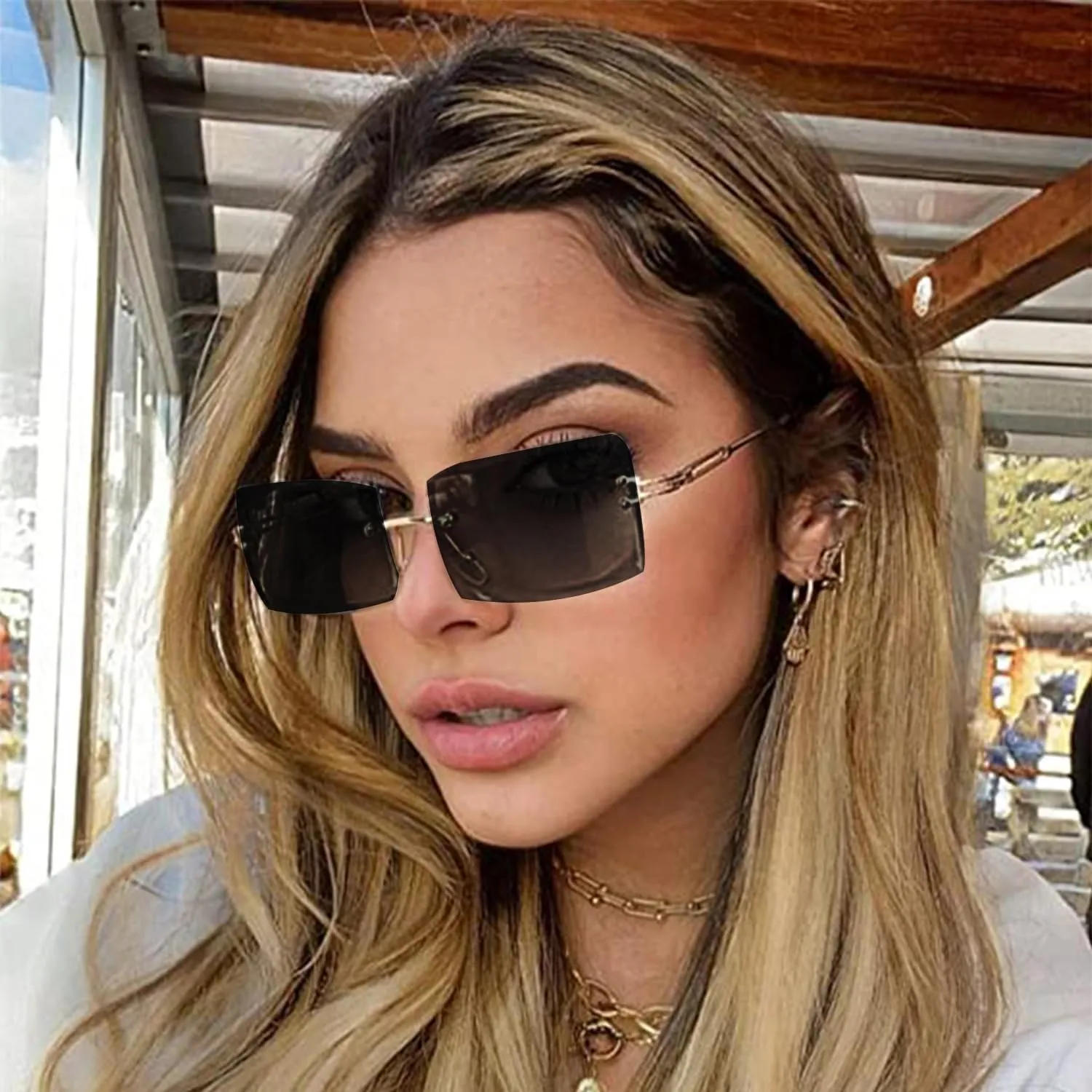 Rimless Rectangle Sunglasses Women Men Trendy Square Y2K Glasses Retro Frameless Eyewear Gradient Lens