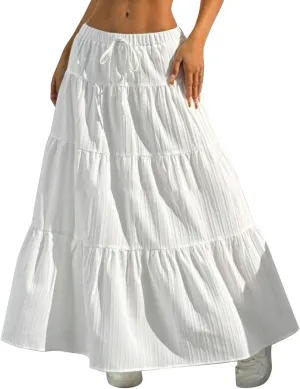 Ruffle Maxi Skirts for Women 2025 Summer Cotton Linen Elastic High Waisted Swing A-Line Skirt