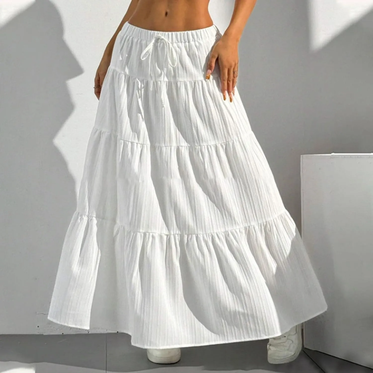 Ruffle Maxi Skirts for Women 2025 Summer Cotton Linen Elastic High Waisted Swing A-Line Skirt