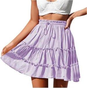 Ruffle Skirts Women Mini Summer Skirts Drawstring Elastic Waist Skirts Flowy Pleated Skirts Short Vacation Skirts
