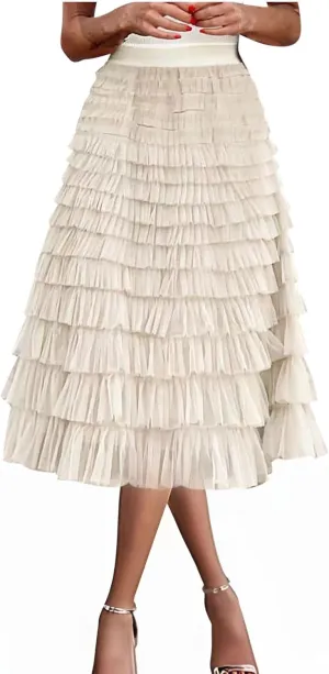 Ruffle Tiered Tulle Skirt for Women Elastic Waist Midi Mesh Skirts Elegant Party Wedding Outfits