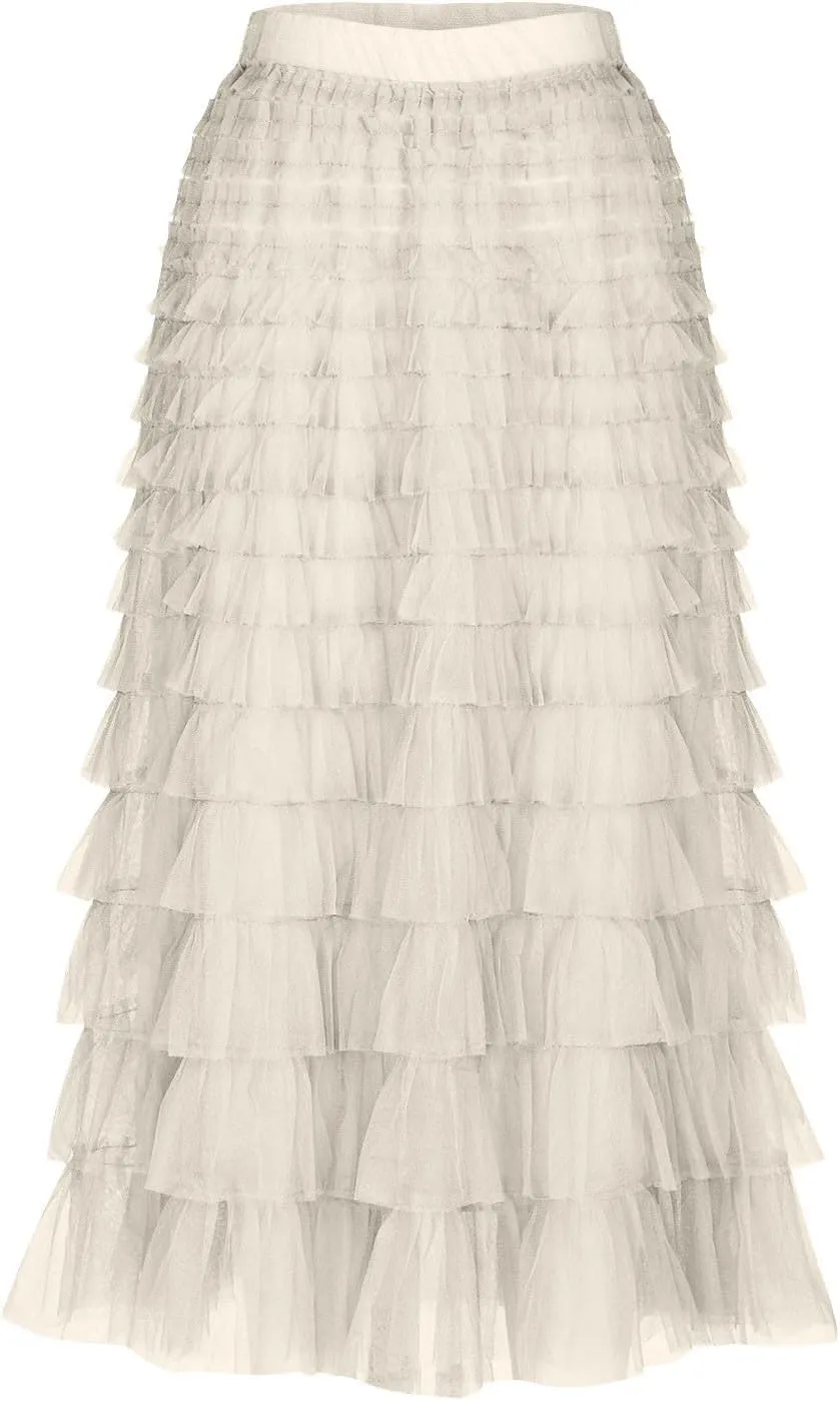 Ruffle Tiered Tulle Skirt for Women Elastic Waist Midi Mesh Skirts Elegant Party Wedding Outfits