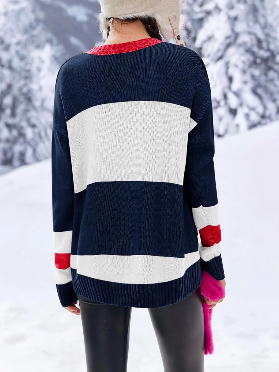 Saodimallsu Womens Color Block Oversized Sweater Ski Print Fall Trendy Crew Neck Long Sleeve Pullover Sweaters Knit Tops