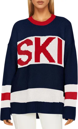 Saodimallsu Womens Color Block Oversized Sweater Ski Print Fall Trendy Crew Neck Long Sleeve Pullover Sweaters Knit Tops