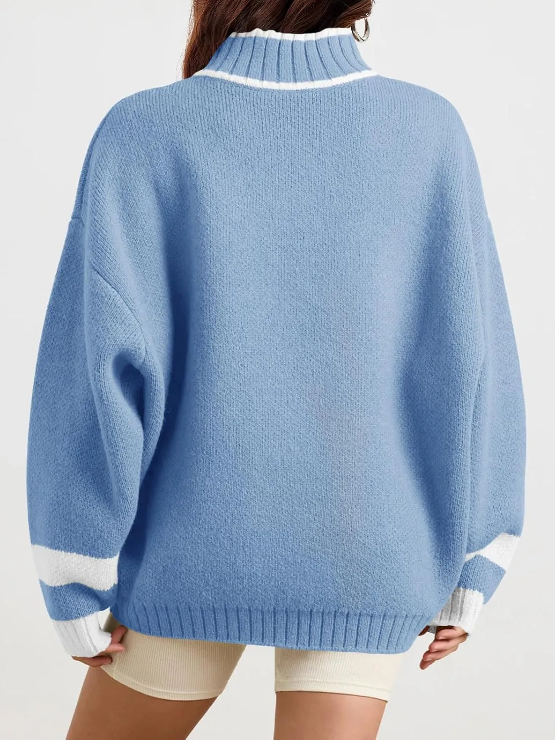 Saodimallsu Womens Oversized Sweater Casual Long Sleeve Fall Quarter Zip Striped Sweaters Lapel Mock Neck Pullover Shirt