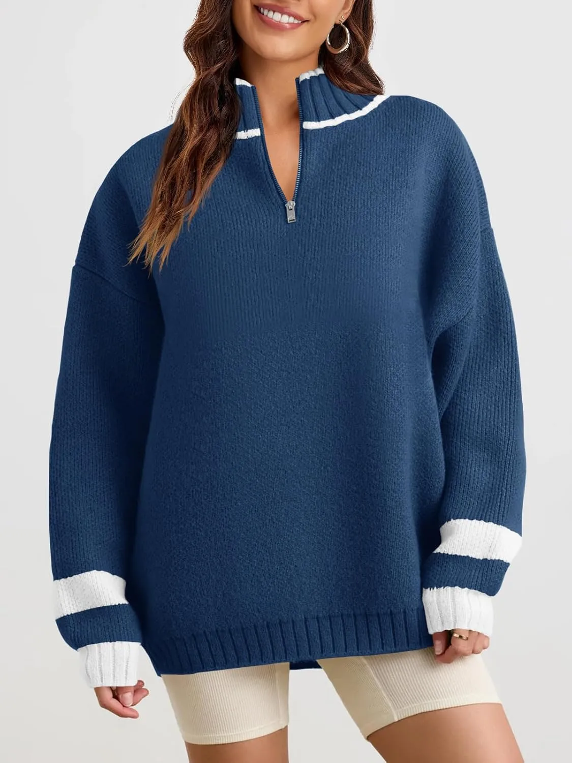Saodimallsu Womens Oversized Sweater Casual Long Sleeve Fall Quarter Zip Striped Sweaters Lapel Mock Neck Pullover Shirt