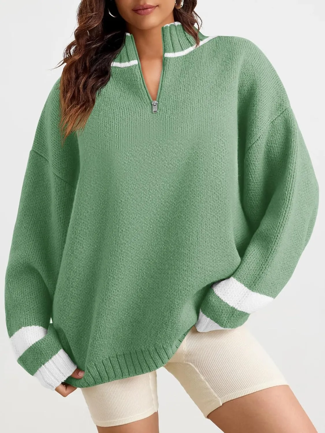 Saodimallsu Womens Oversized Sweater Casual Long Sleeve Fall Quarter Zip Striped Sweaters Lapel Mock Neck Pullover Shirt