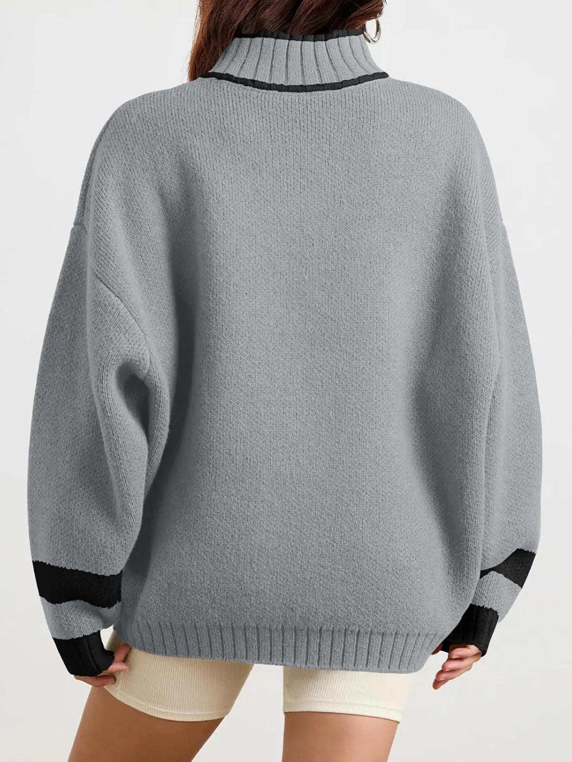 Saodimallsu Womens Oversized Sweater Casual Long Sleeve Fall Quarter Zip Striped Sweaters Lapel Mock Neck Pullover Shirt